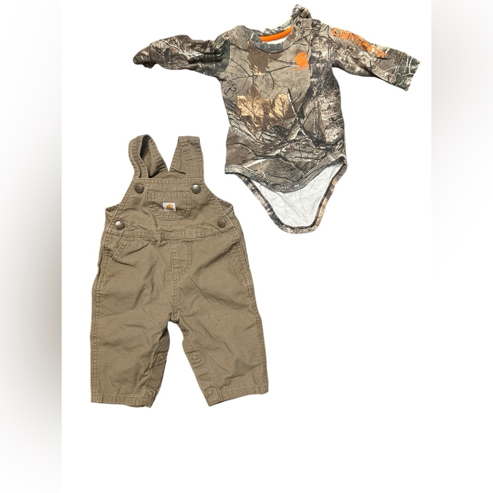 Carhartt Camo Onesie and Tan Overalls Set